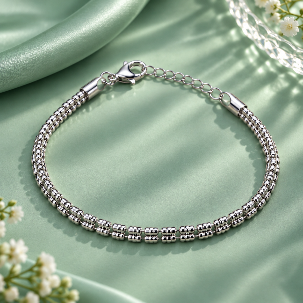 Taravya Silver Double-Row Beaded Bracelet