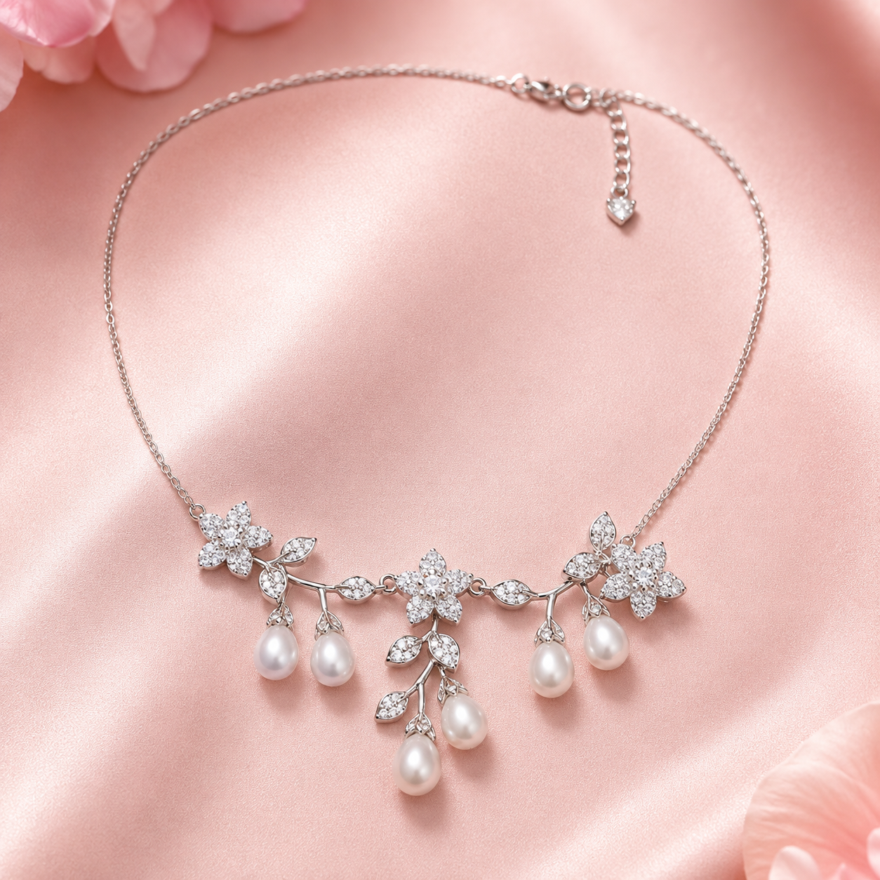 Floral Pearl Elegance 925 Silver Jewellery Set