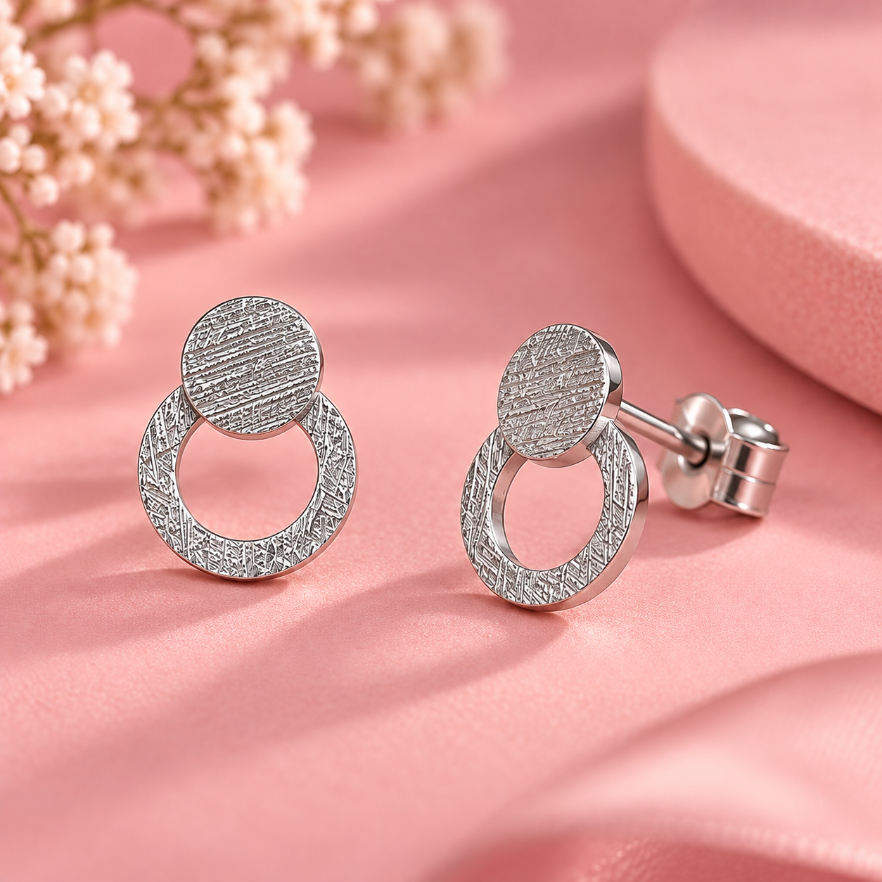 Taravya 925 Silver Textured Double-Circle Stud Earrings