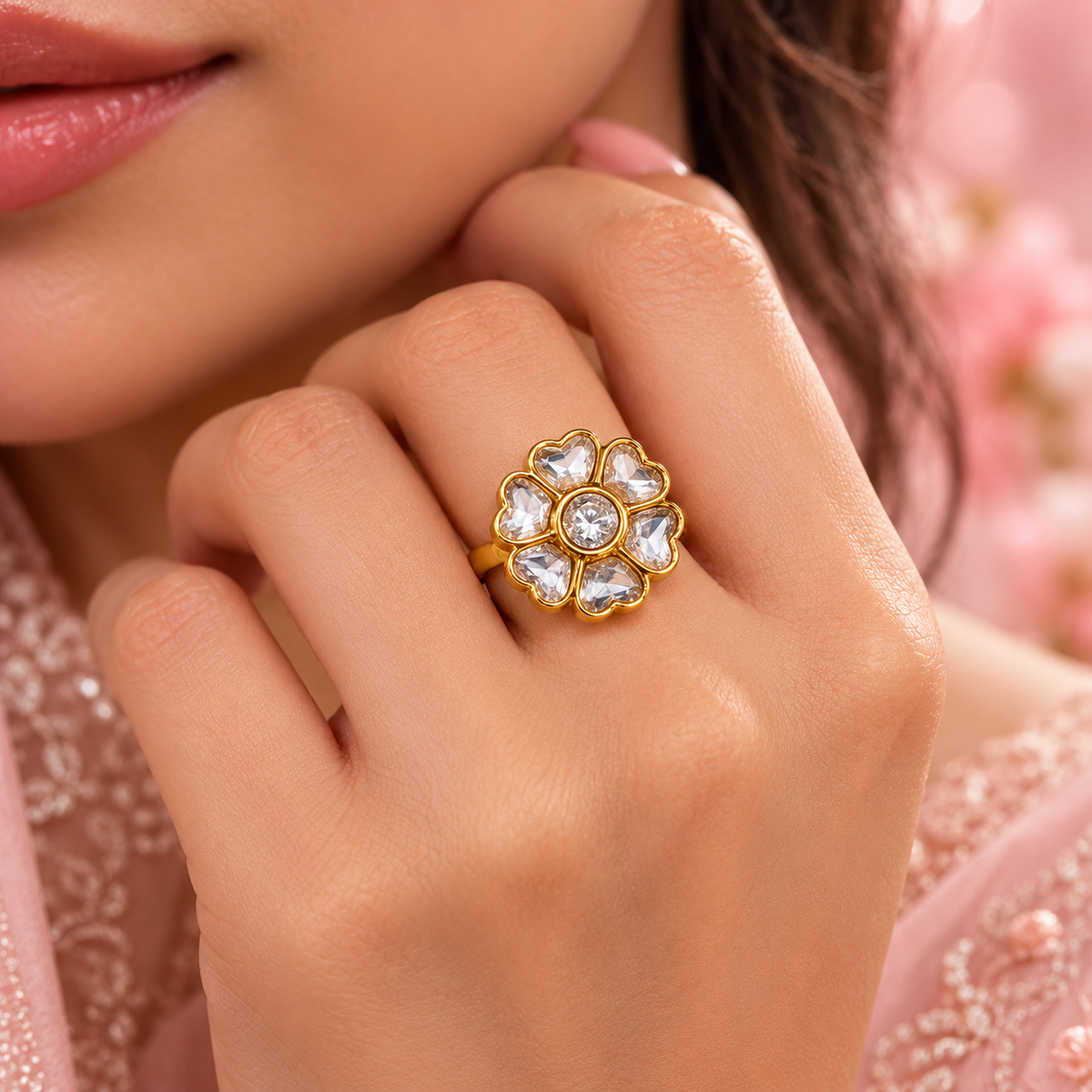 Taravya 925 Silver Blooming Heart Floral Ring