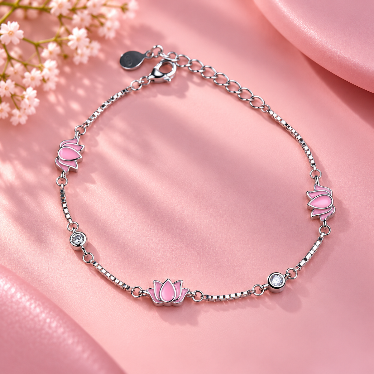 Taravya Pink Lotus 925 Silver Bracelet