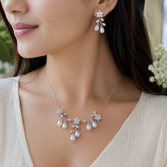 Floral Pearl Elegance 925 Silver Jewellery Set