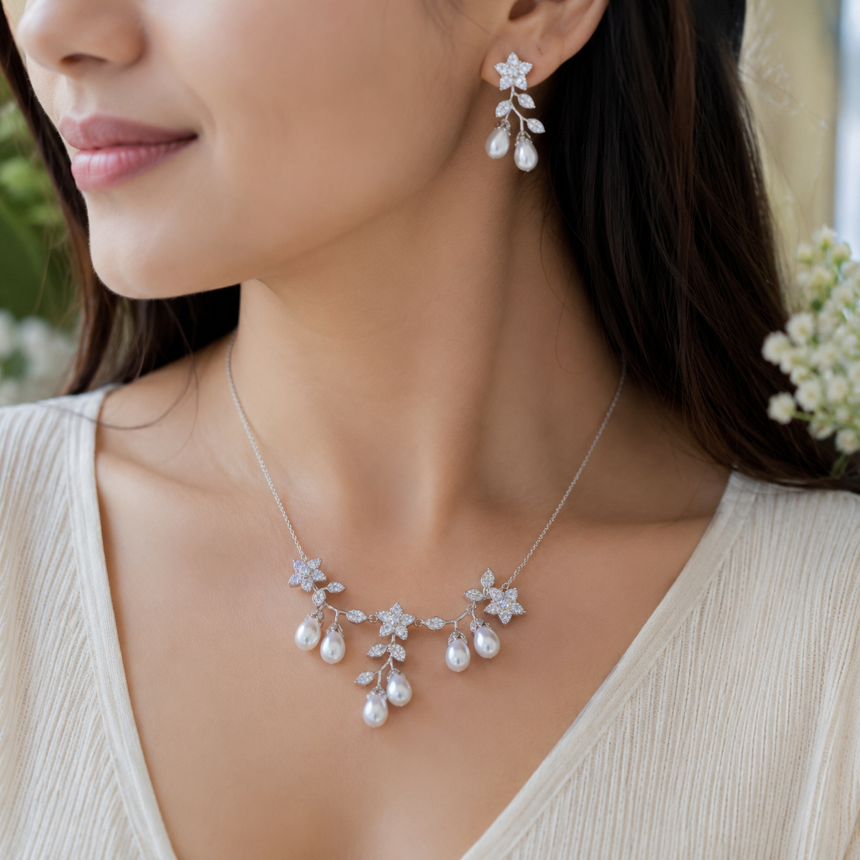 Floral Pearl Elegance 925 Silver Jewellery Set