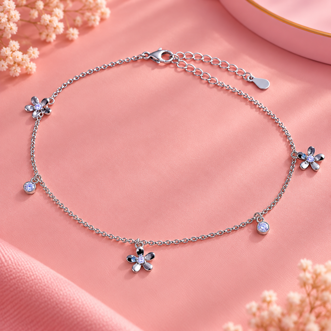Taravya Floral Sparkle 925 Silver Anklet