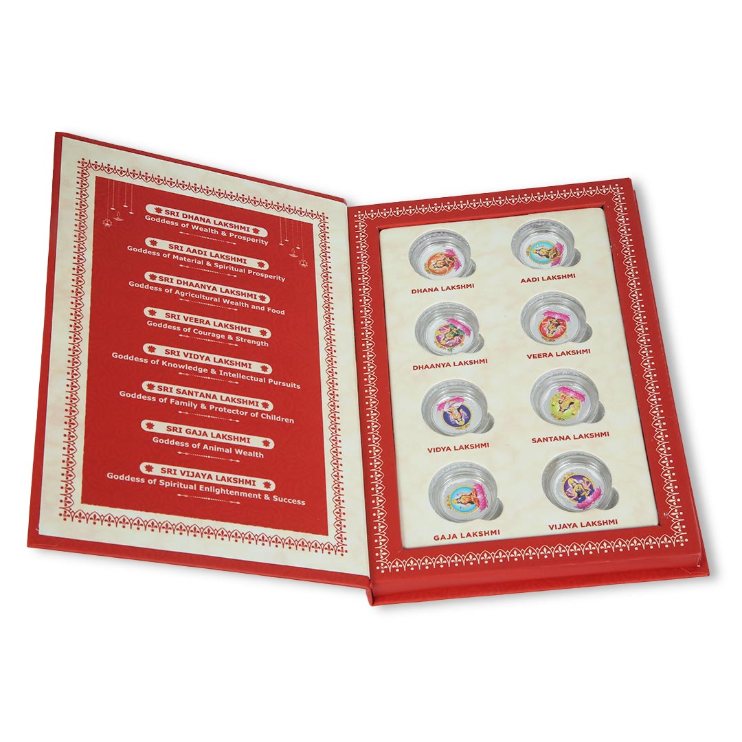 Ashtalakshmi Ji, 999 Purity Silver Coins, Folder Box, 8 Coins