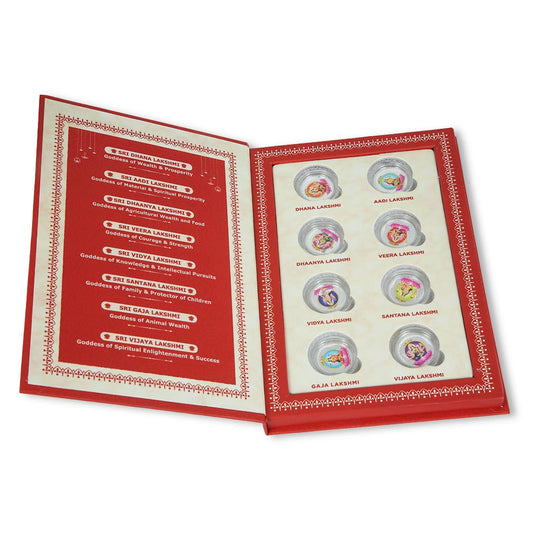 Ashtalakshmi Ji, 999 Purity Silver Coins, Folder Box, 8 Coins