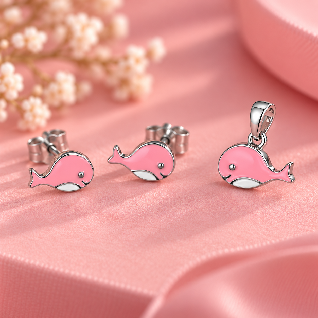 Taravya 925 Silver Pink Whale Pendant & Earrings Set