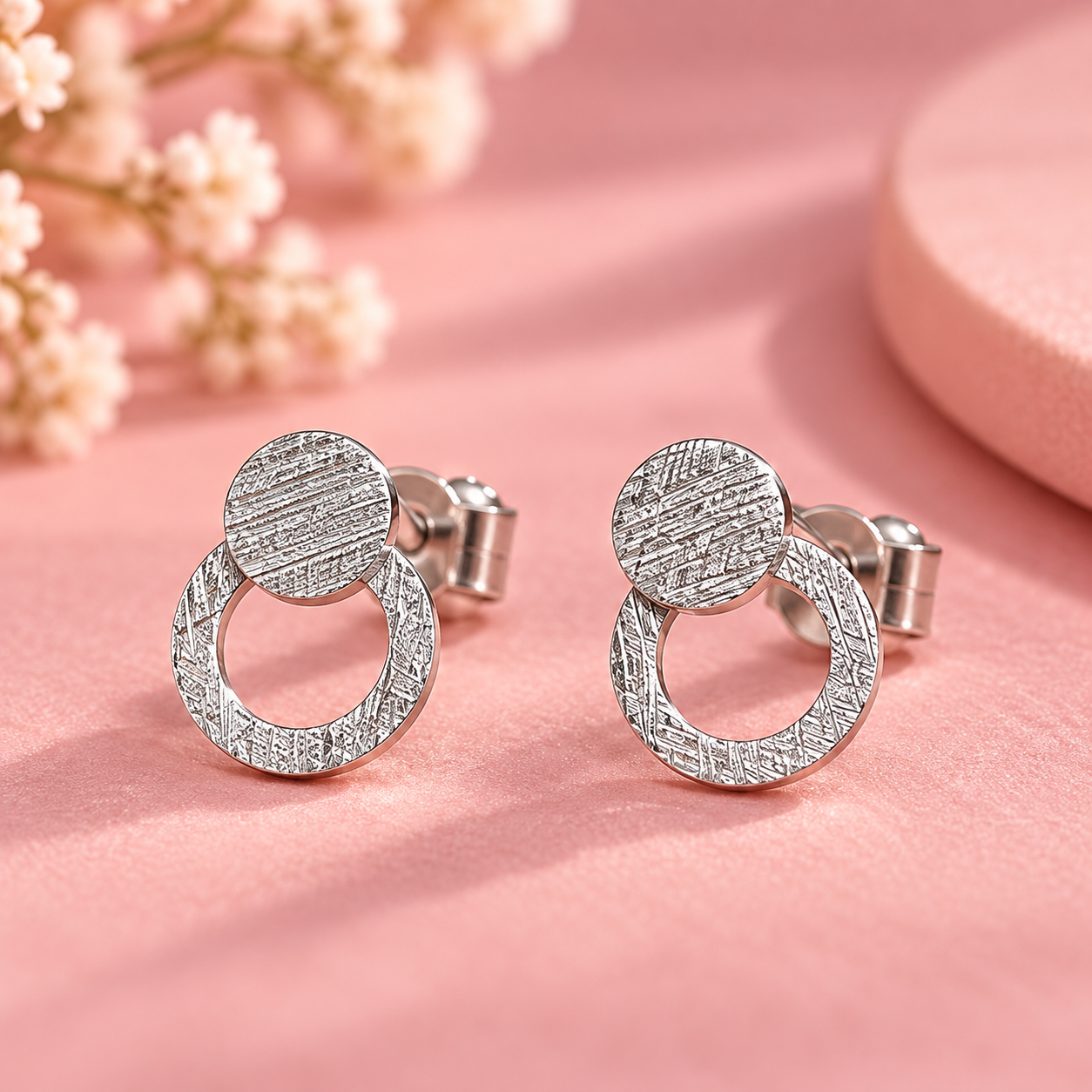 Taravya 925 Silver Textured Double-Circle Stud Earrings