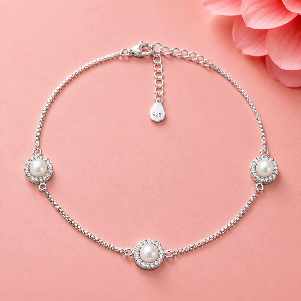 Pearl Halo 925 Silver Anklet(Single)