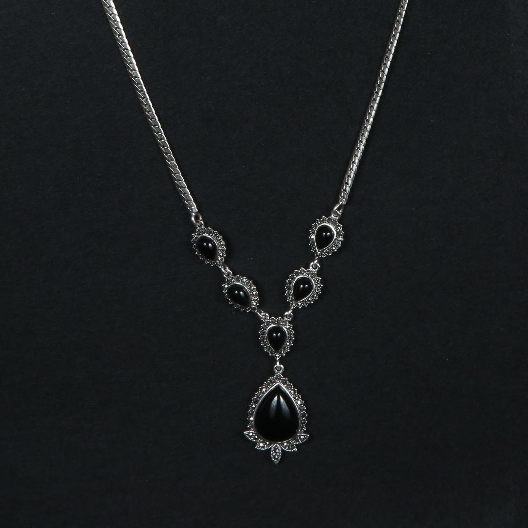Black Stone Drop Necklace Pure 925 Silver