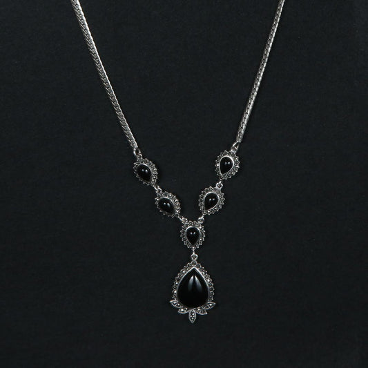 Black Stone Drop Necklace Pure 925 Silver