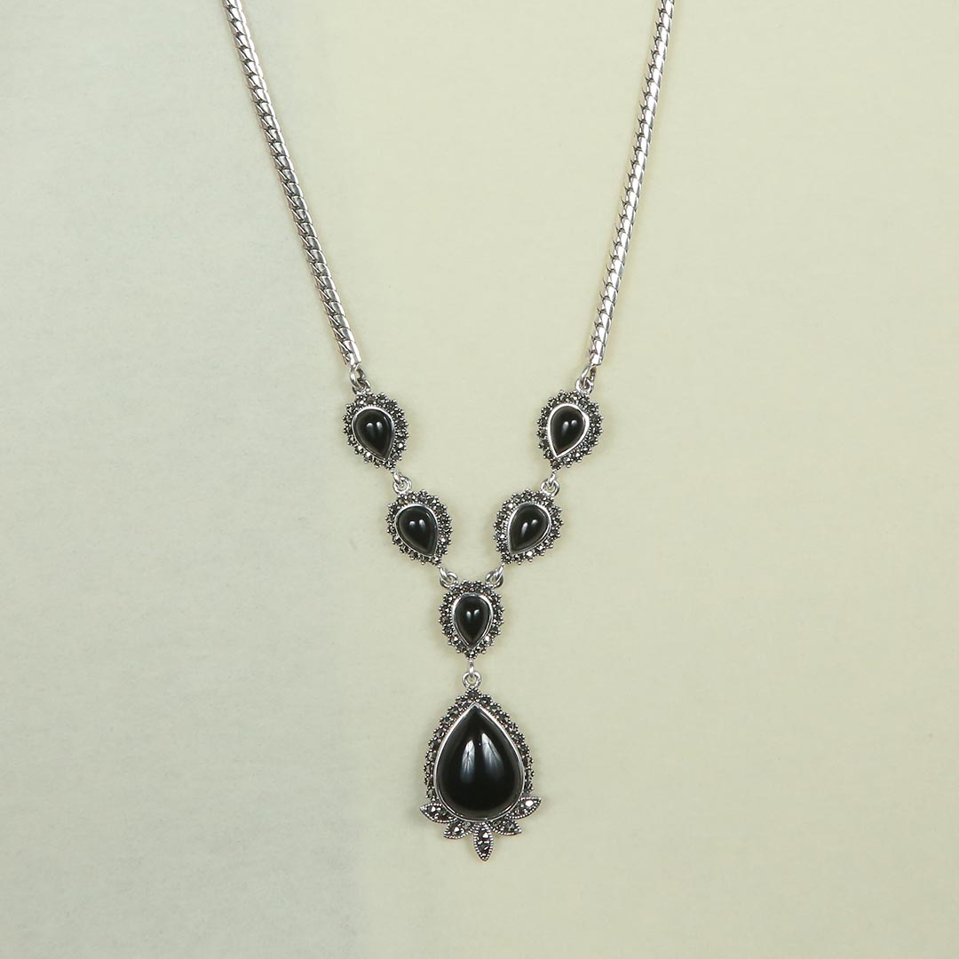 Black Stone Drop Necklace Pure 925 Silver