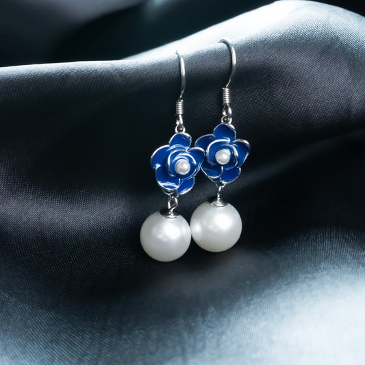 Blue Petal Pearl Drop Earrings