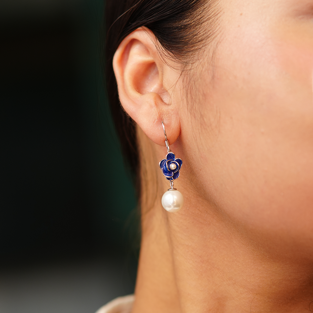 Blue Petal Pearl Drop Earrings
