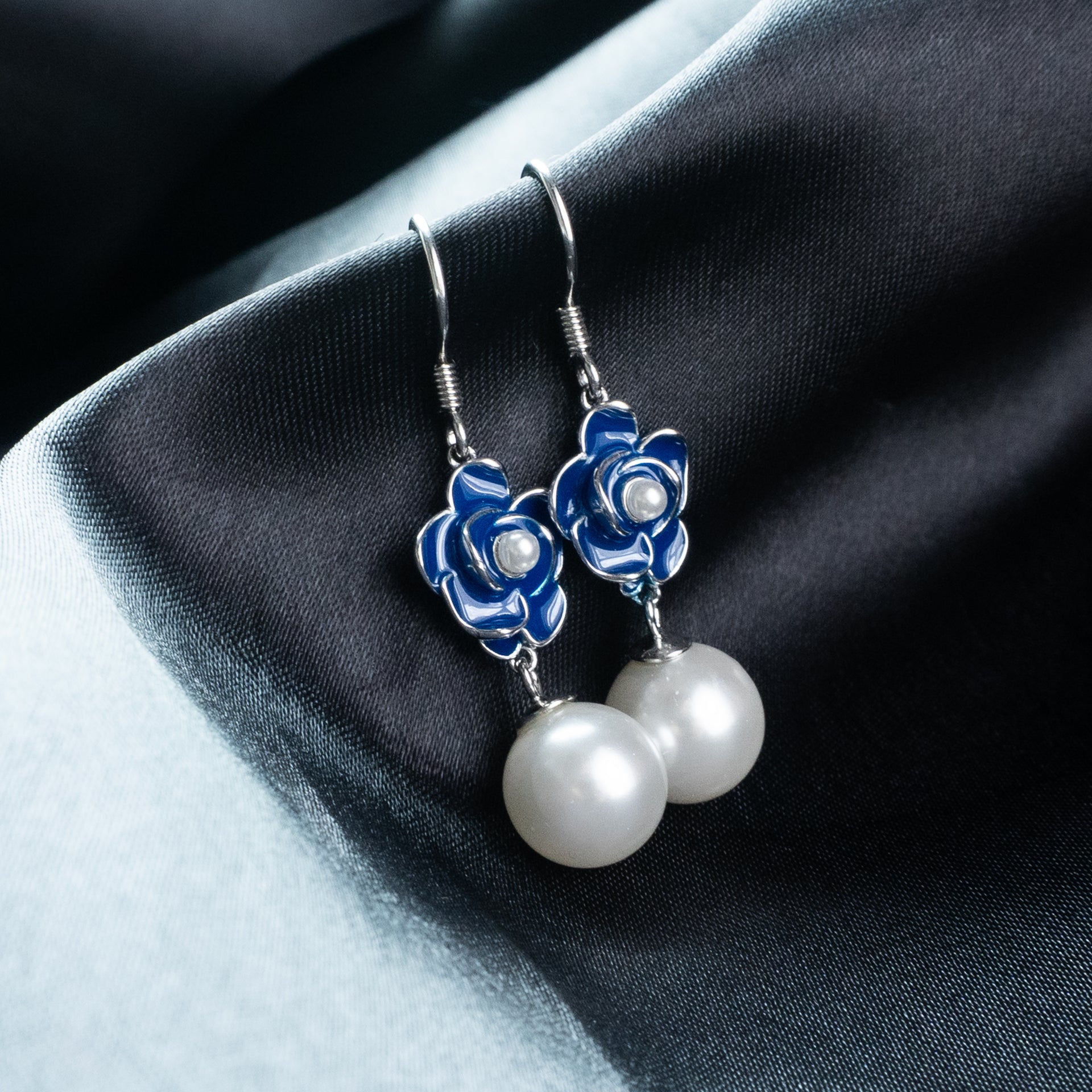 Blue Petal Pearl Drop Earrings