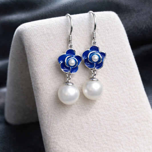 Blue Petal Pearl Drop Earrings