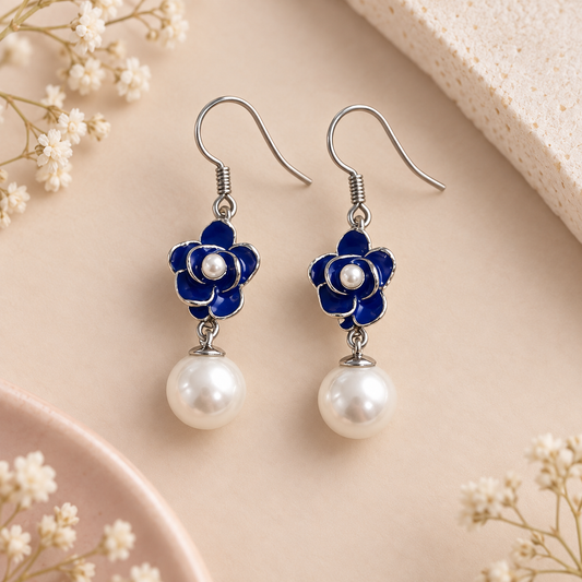 Blue Petal Pearl Drop Earrings Taravya
