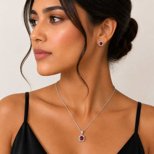 Ruby Elegance 925 Silver Necklace & Earrings Set