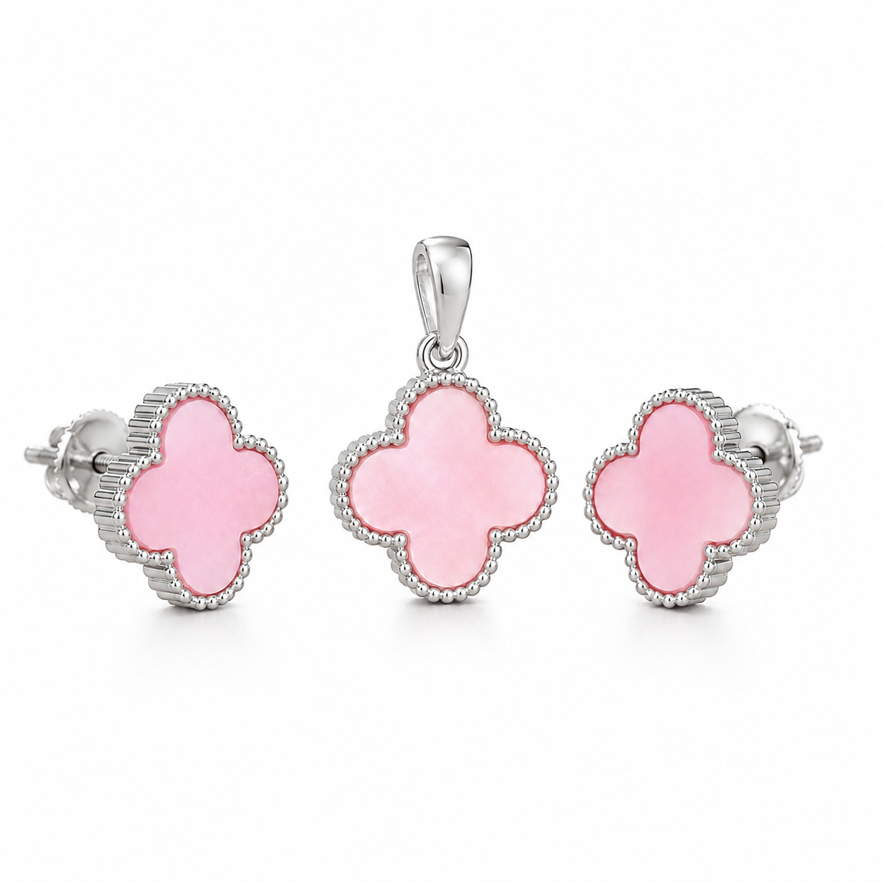 Pink Clover Pendant and Earrings