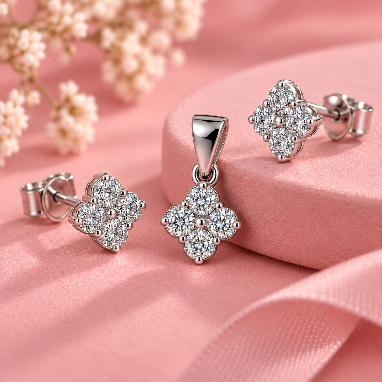 Taravya 925 Silver Floral Sparkle Pendant & Earrings Set