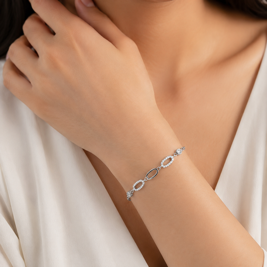 Elegant Oval Link Silver Bracelet with CZ Accents