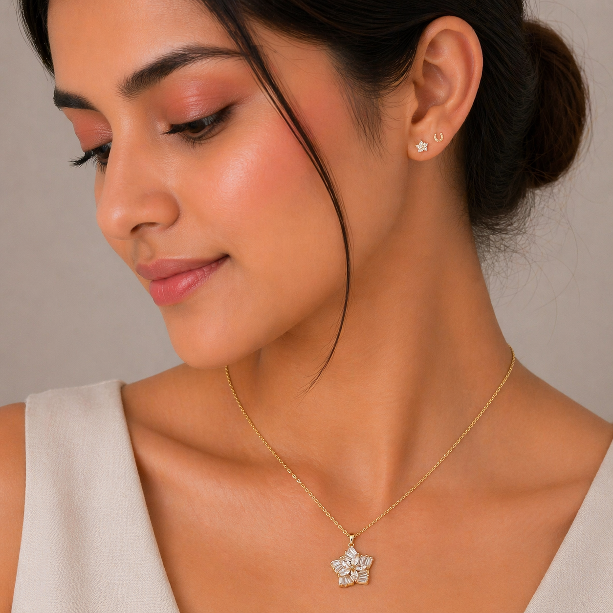Silver Flower Petal Necklace Set