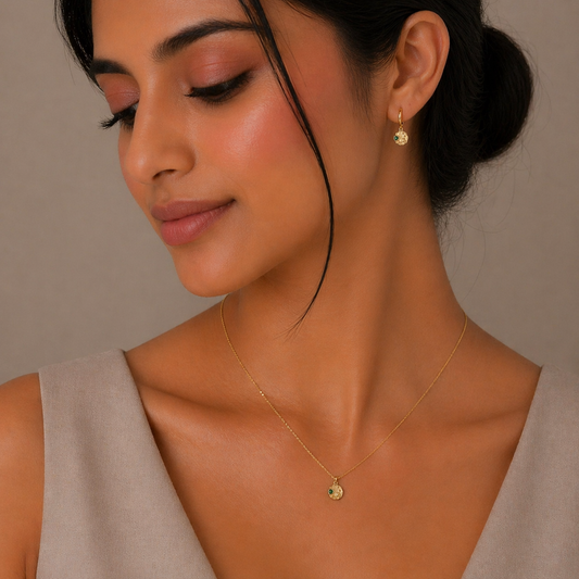 Emerald Heart Gold Necklace With Earrings| 925 Silver