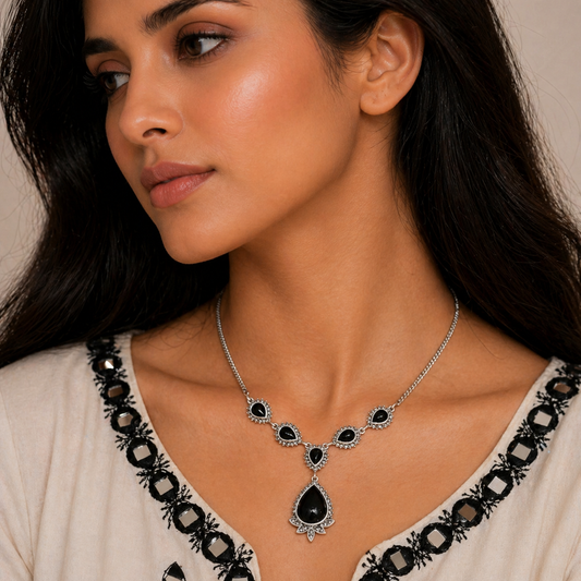 Black Stone Drop Necklace Pure 925 Silver