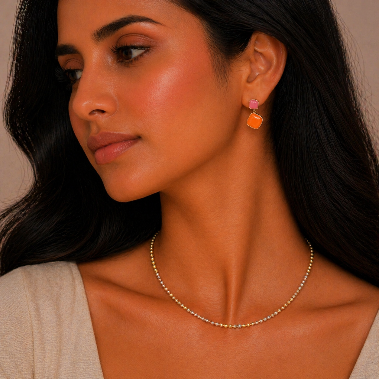 Tricolour Diamond-Cut Bead Silver Chain