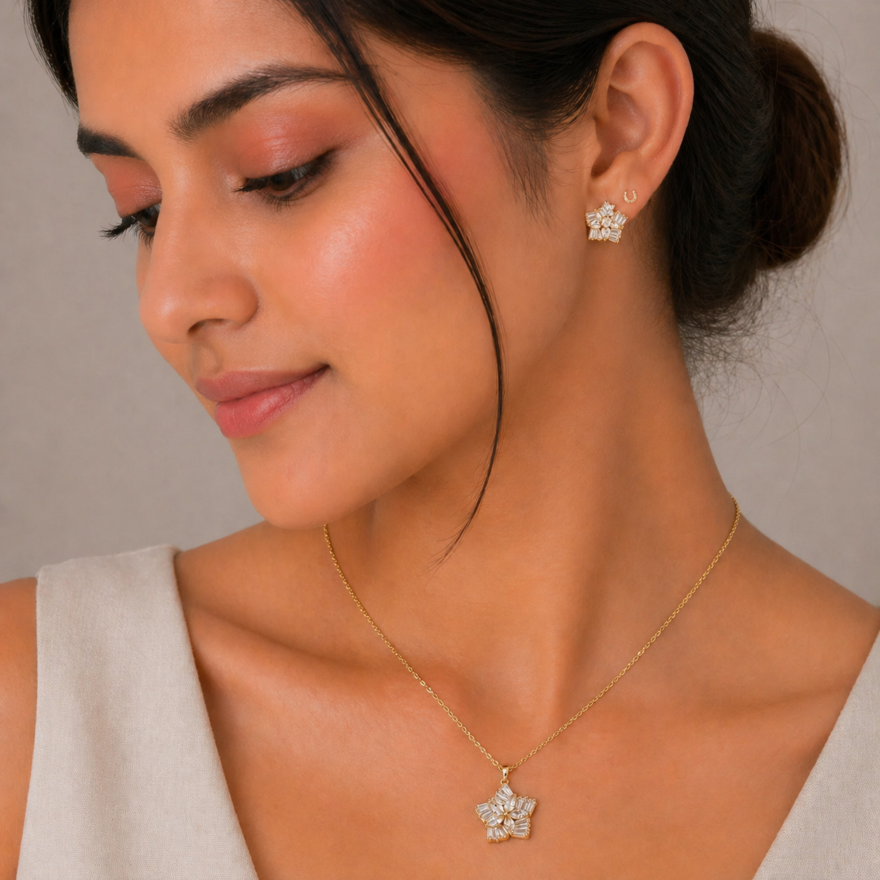 Silver Flower Petal Necklace Set