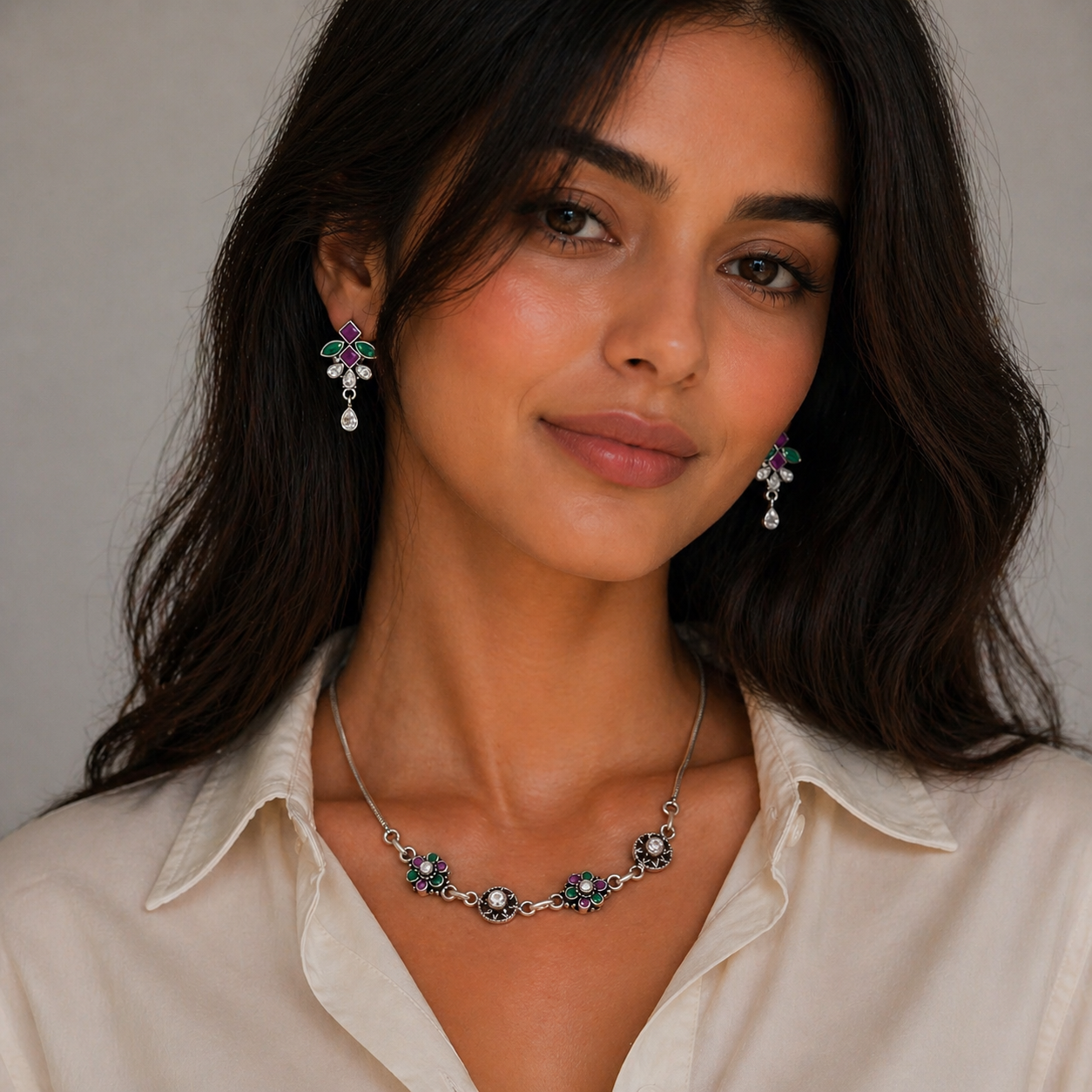 Regal Bloom Oxidised Necklace & Earring Set Pure 925 Silver