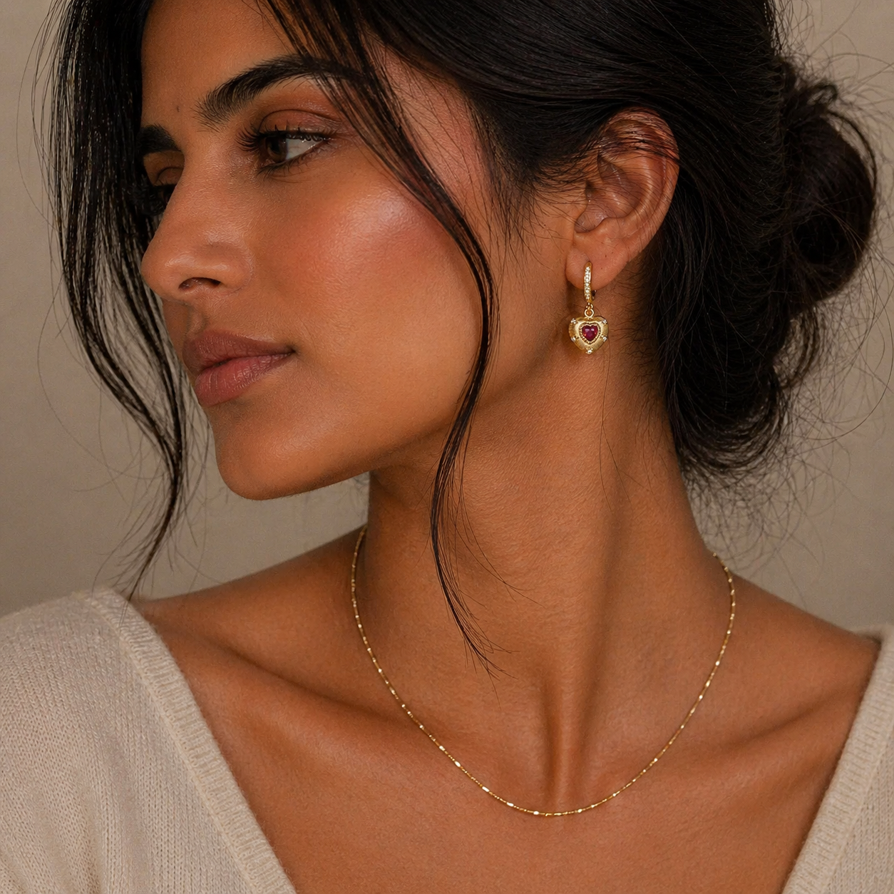 Ruby Heart Huggie Earrings