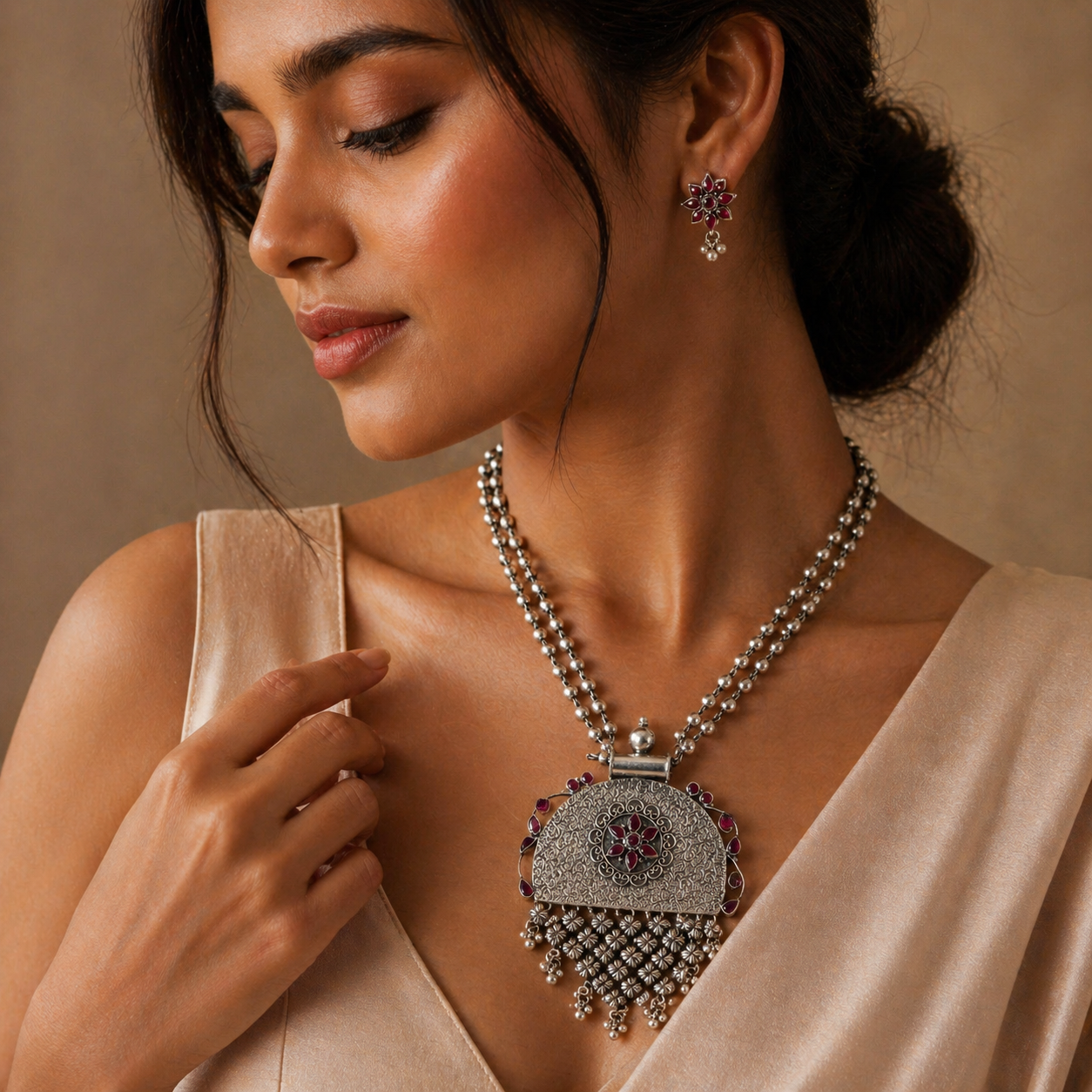 Regal Silver Dome Necklace Set