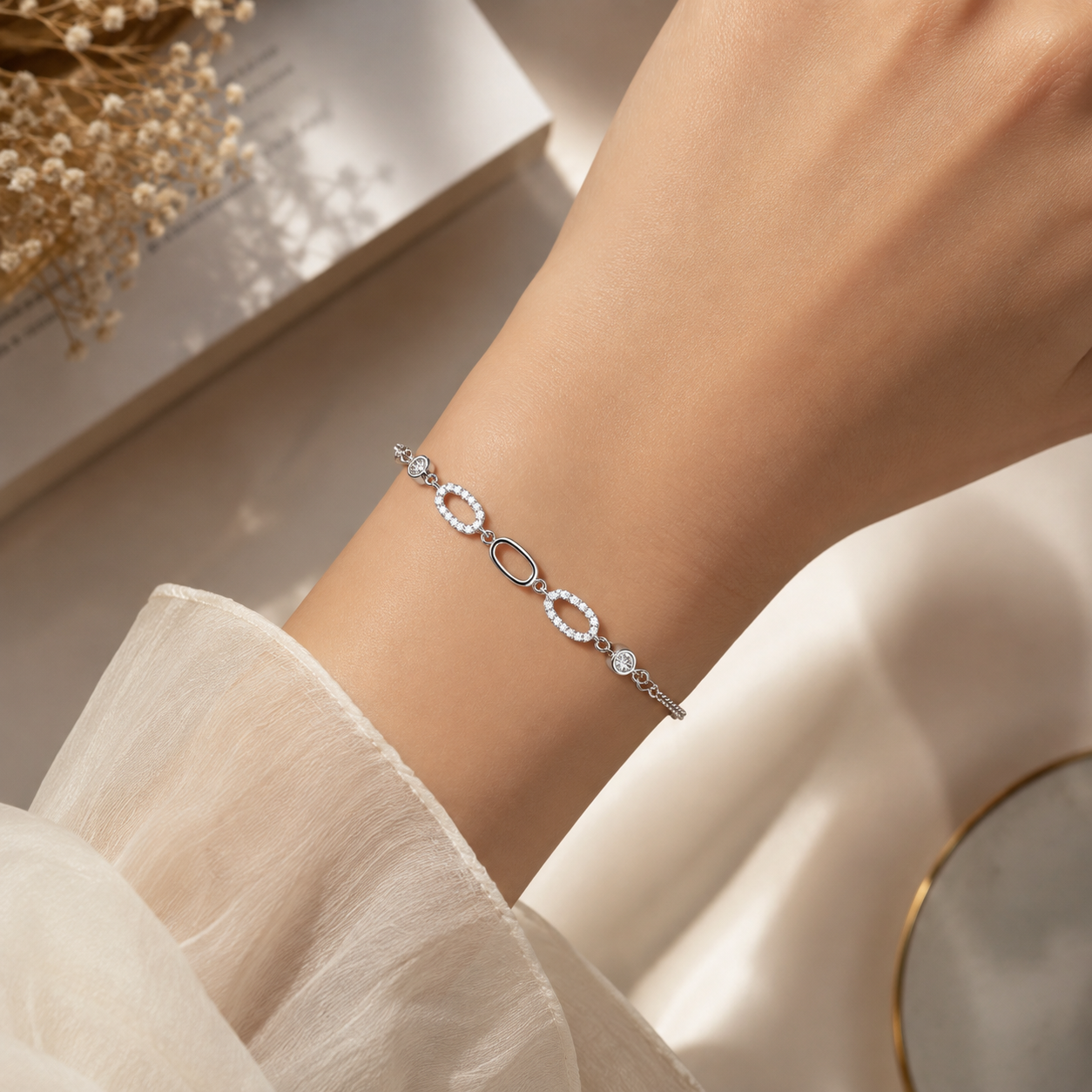 Elegant Oval Link Silver Bracelet with CZ Accents