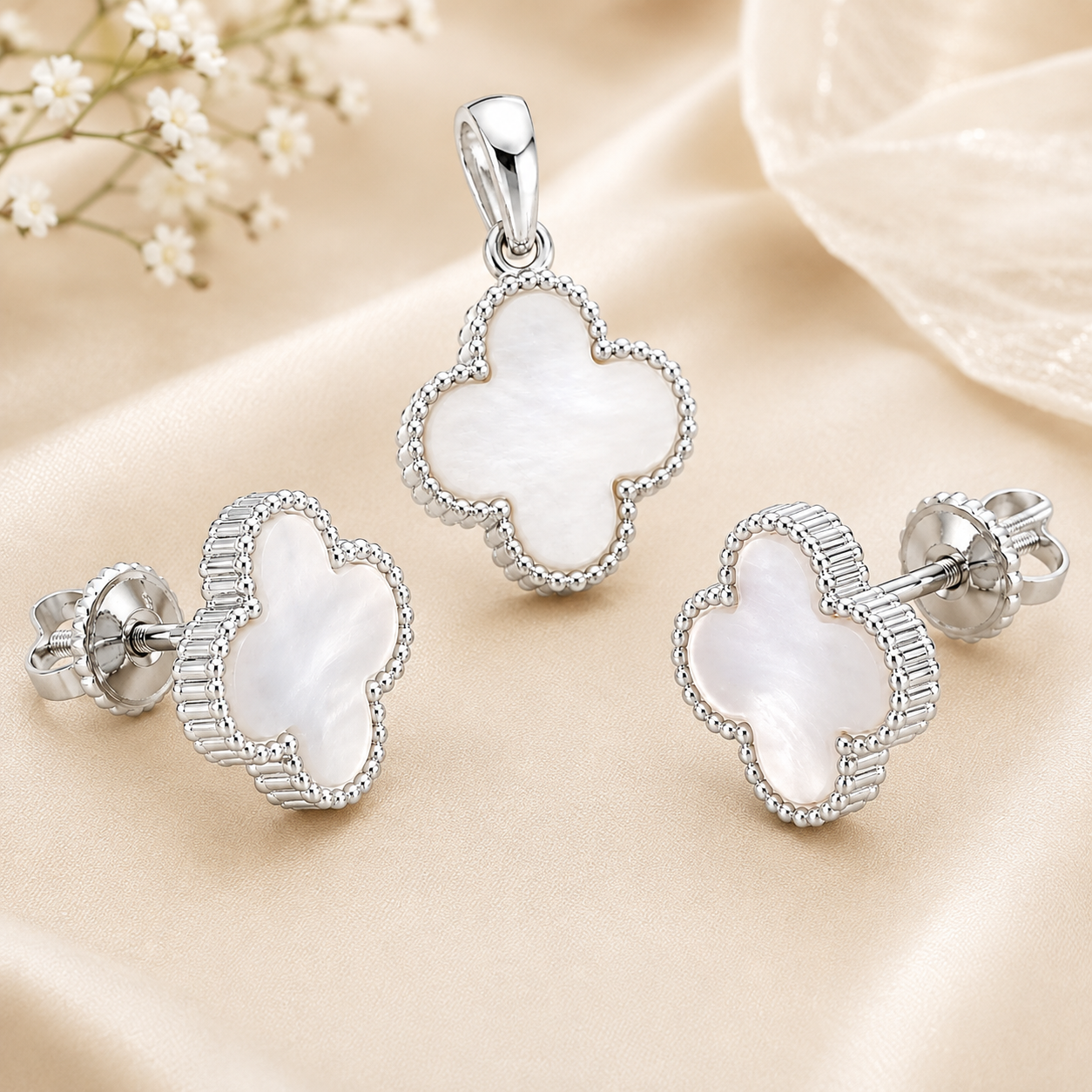 Clover Shaped Pendant and Earrings White