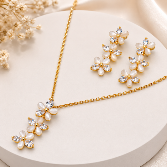 Peach Bloomfall – 925 Silver Necklace & Earring Set Taravya