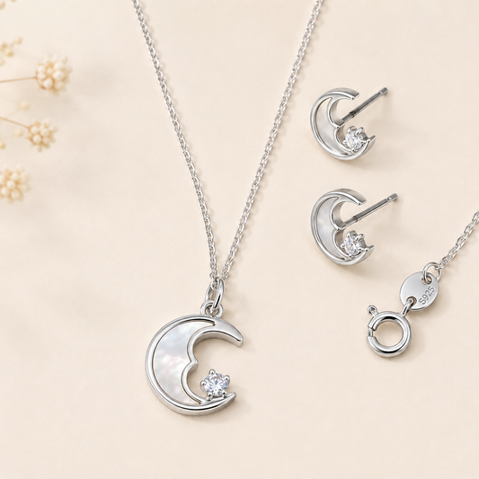 Celestial Moon Pendant Set Pure 925 Silver