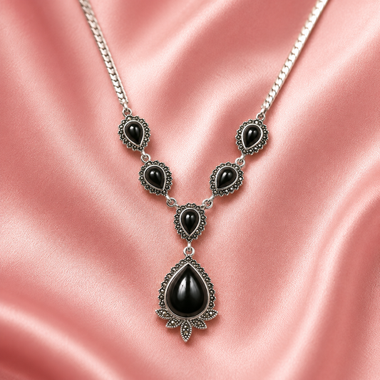 Black Stone Drop Necklace Pure 925 Silver