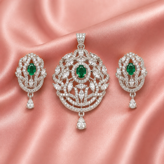Emerald Regal Pendant Set Pure 925 Silver
