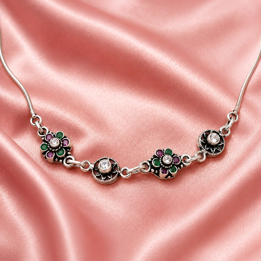 Regal Bloom Oxidised Necklace & Earring Set Pure 925 Silver