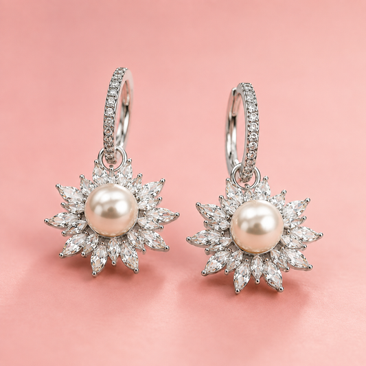 Pearl & Flower 925 Silver Hoop Earrings