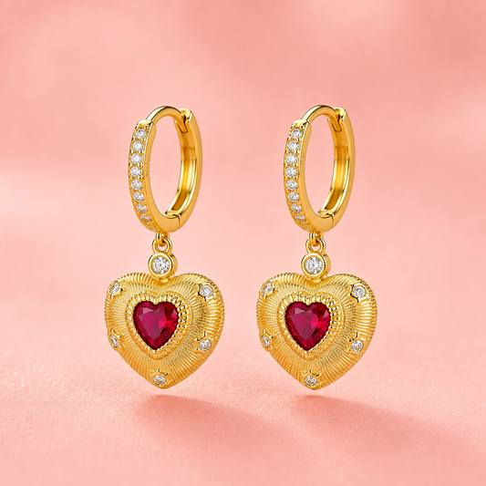 Ruby Heart Huggie Earrings