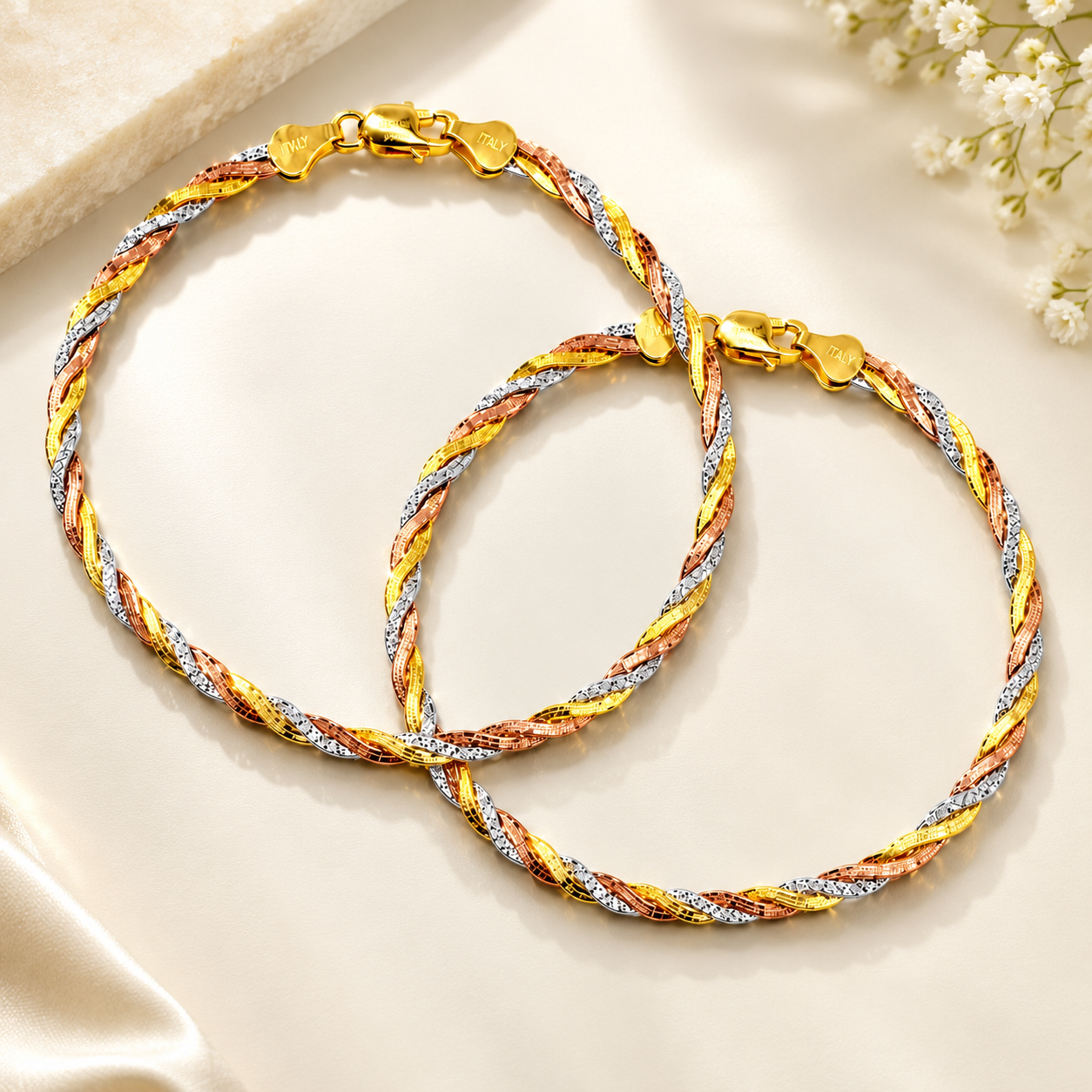 Italian Tricoloured Pure Silver Anklet (Single)