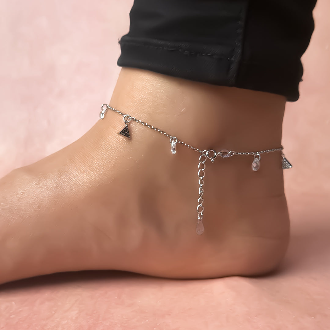 Crystal Triangle Drop Pure 925 Silver Anklet(Single)