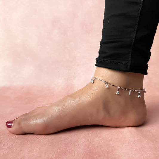 Crystal Triangle Drop Pure 925 Silver Anklet(Single)