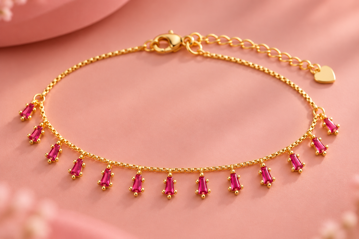 Ruby Drop 925 Sterling Silver Anklet Pair Taravya