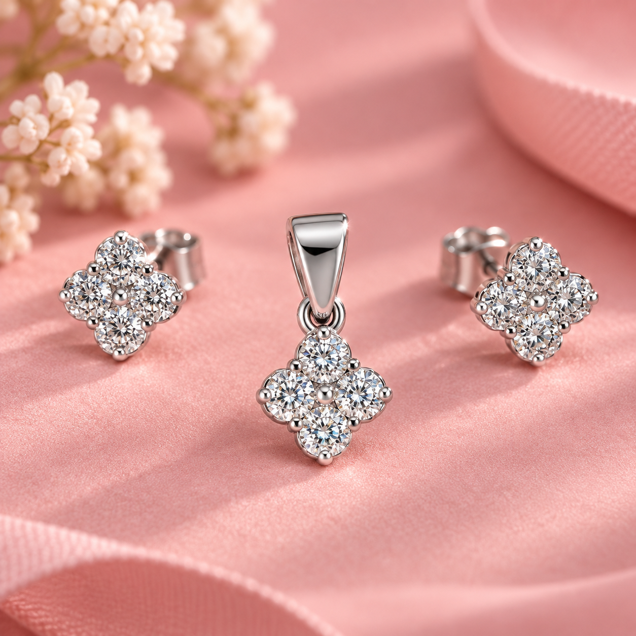 Taravya 925 Silver Floral Sparkle Pendant & Earrings Set