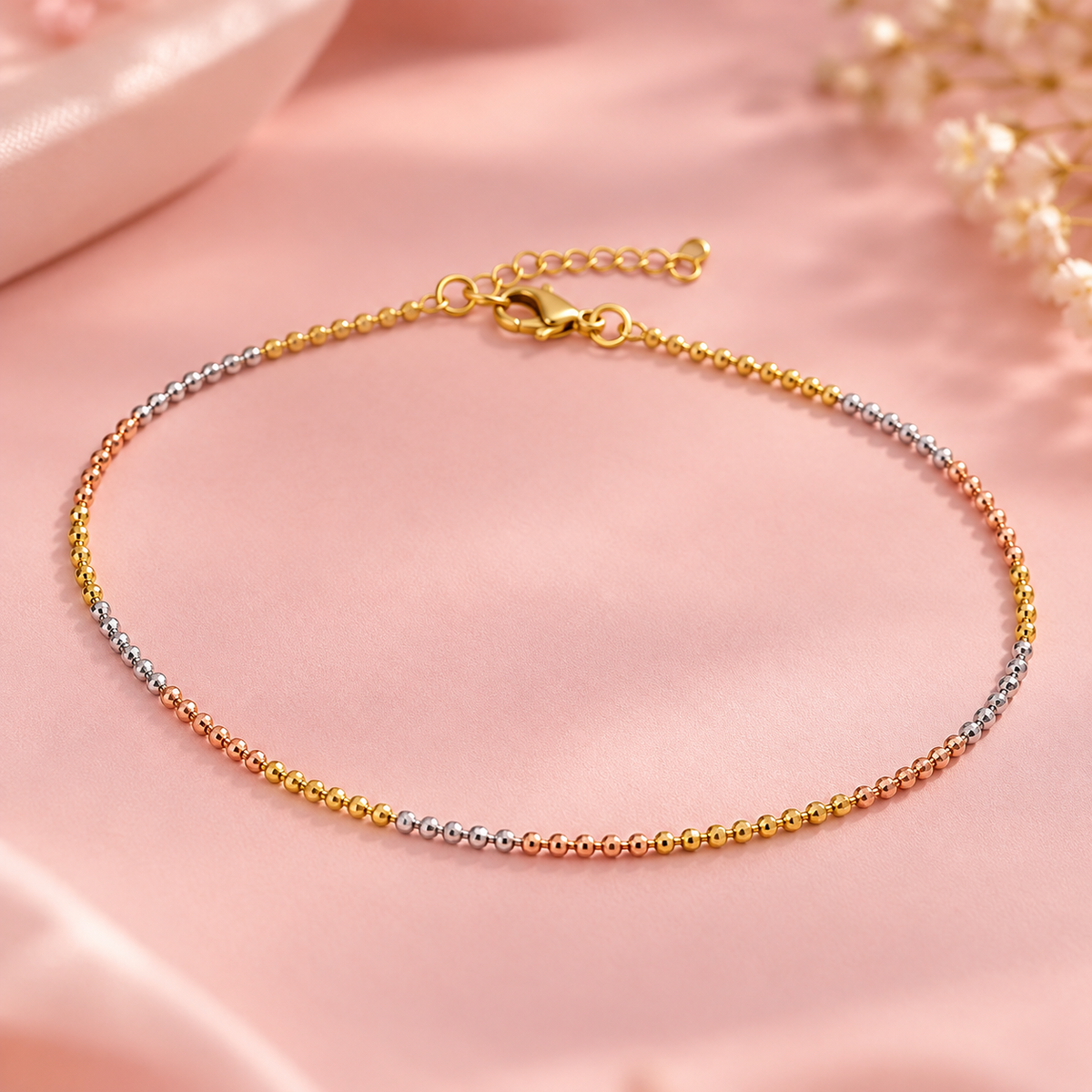 Tri-Colour Beaded 925 Silver Anklet Taravya