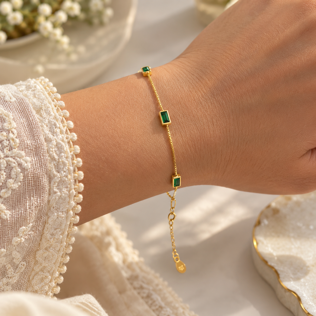 925 Silver Emerald Baguette Gold Bracelet Taravya