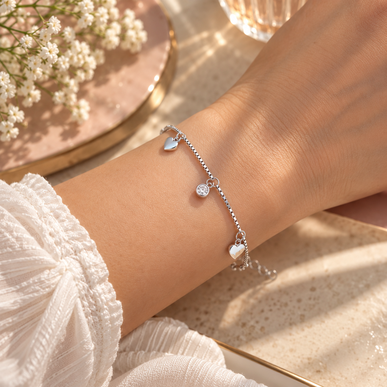 925 Sterling Silver Heart Charm Bracelet